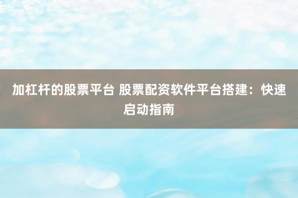 加杠桿的股票平臺 股票配資軟件平臺搭建：快速啟動指南